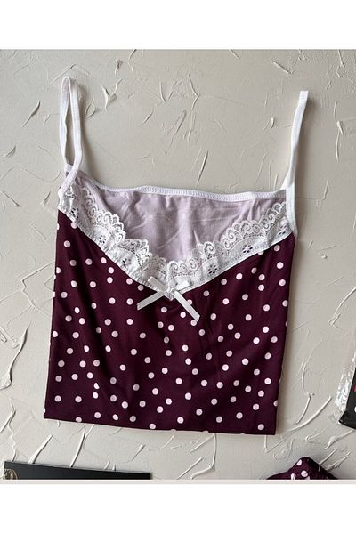 İntive Lingerie Intive Lace Detailed Soft Plum Polka Dot Patterned Strappy Blouse Shorts Pajama Set