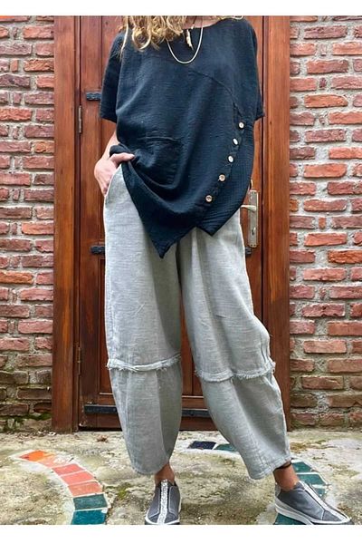 pier moda Women's Gray Elastic Waist Linen - Washed Loose Baggy Trousers with Pockets