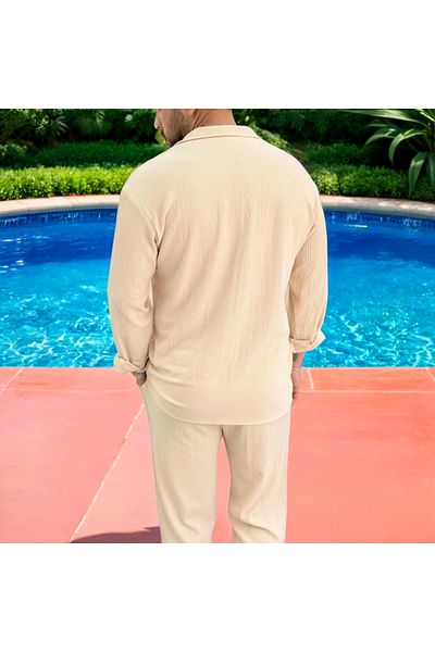 Fifty Color Men's Wrinkled Crinkle Fabric Summer Lycra Apaj Collar Shirt and Sweatpants Suit Combination
