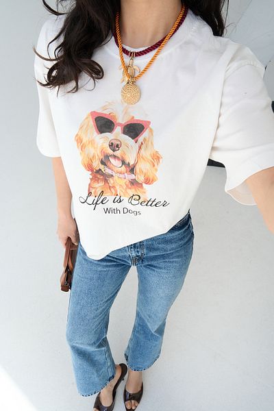 LOOSH Women's Crew Neck Dog Printed Oversize T-Shirt