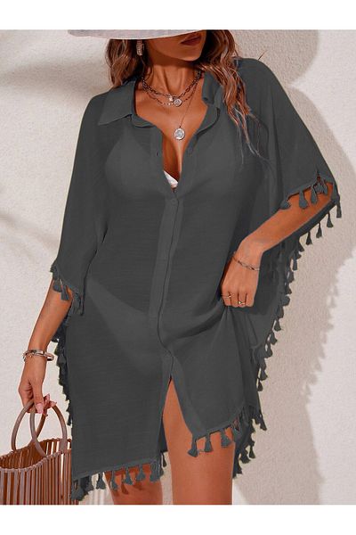 HOPLEVER Bat Sleeve Buttoned Pareo with Tasseled Edge