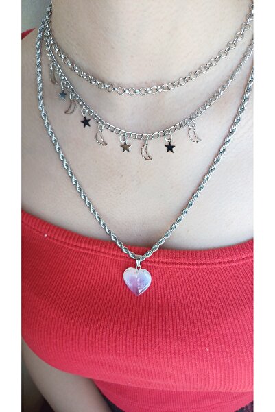 Jewerly قلادة ثلاثية على شكل قلب من حجر القمر الطبيعي