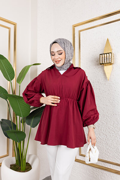 Eliva Kadın Gömlek Bordo Saten Belden Lastikli Tesettür Gömlek