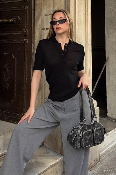Swist Black Marie Polo Collar Women's Knitwear Blouse