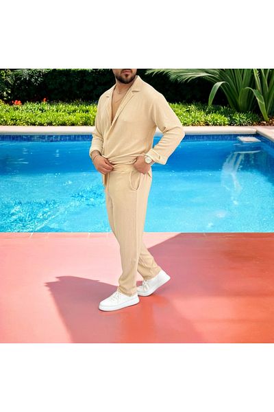 Fifty Color Men's Wrinkled Crinkle Fabric Summer Lycra Apaj Collar Shirt and Sweatpants Suit Combination