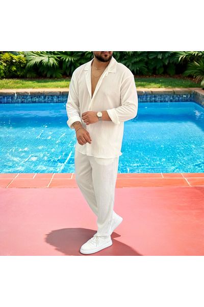 Fifty Color Men's Wrinkled Crinkle Fabric Summer Lycra Apaj Collar Shirt and Sweatpants Suit Combination