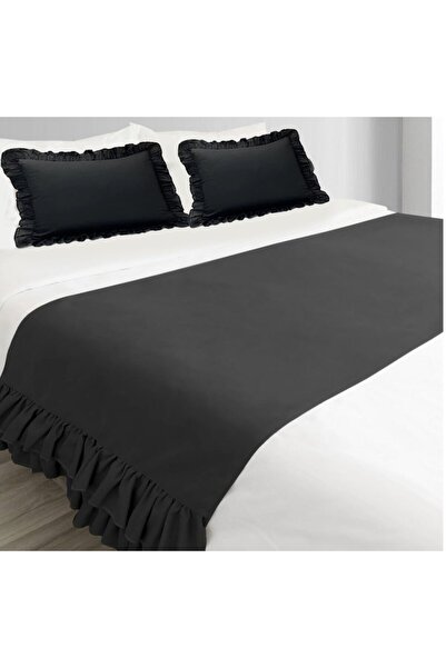 Sister Home Design Yatak Runner & İç Dolgulu Kırlent Seti Çift Kişilik Fırfırlı Siyah