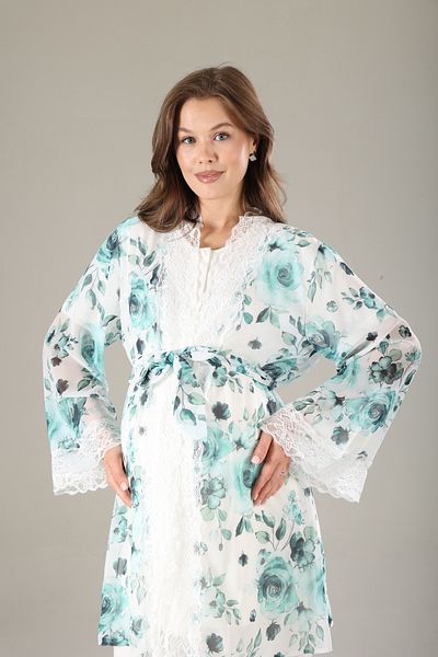 Lohussa Water Green Floral Dressing Gown Special Design Summer Cotton Maternity Maternity Dressing Gown Pajama Set Set of 3