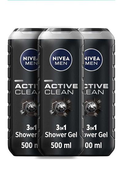 NIVEA NIVEA MEN 3 in 1 Shower Gel with Active Charcoal & Wood Scent 3 x 500ml