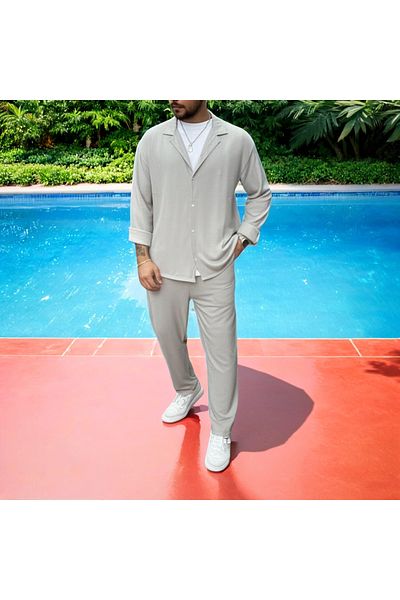 Fifty Color Men's Wrinkled Crinkle Fabric Summer Lycra Apaj Collar Shirt and Sweatpants Suit Combination