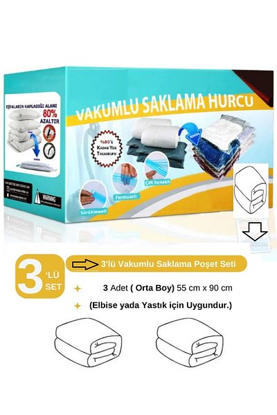 Vakum Hurcu (3 Pcs) Vacuum Bag Set 55 cm X 90 cm (Medium Size) Pillow, Clothes Vacuum Bag