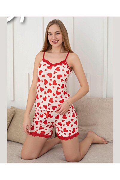İntive Lingerie Intive Lace Detailed Soft Red White Heart Patterned Strap Blouse Shorts Pajama Set