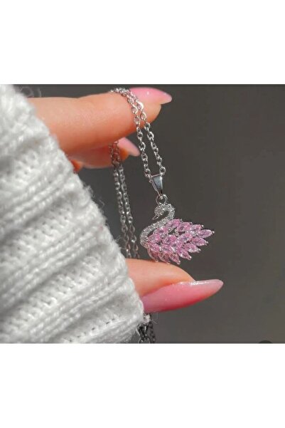 Le Manolia Accessories kararmaz garantili çelik pembe zirkon kuğu kolye pembe...