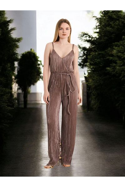 Seçkin Butik Women's Mink Satin Evening Dress Jumpsuit with Rope Straps