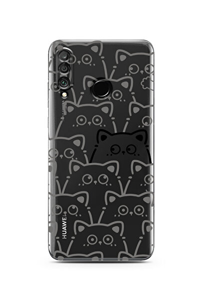 moonset Huawei P30 Lite Uyumlu Sevimli Kediler Tasarımlı Baskılı Şeffaf Telef...