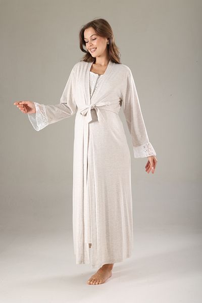 Lohussa Beige Melange Lace Special Design Full Length 100% Cotton Summer Maternity Maternity Dressing Gown Nightgown Set