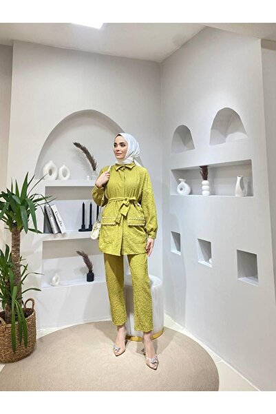 comstar Women's Jacquard Waist Belted Pocket Stone Bottom Top Set