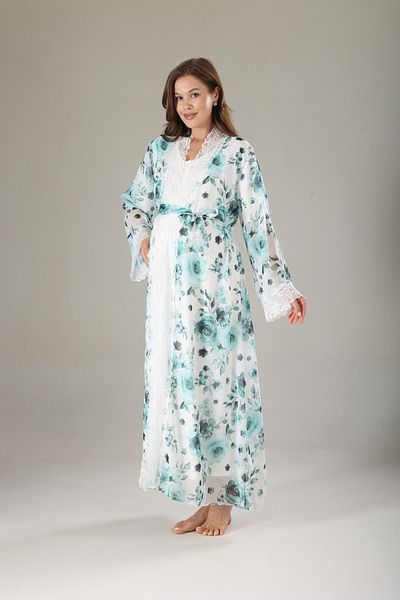 Lohussa Turquoise Floral Lace Special Design Full Length 100% Cotton Summer Maternity Maternity Dressing Gown Nightgown Set