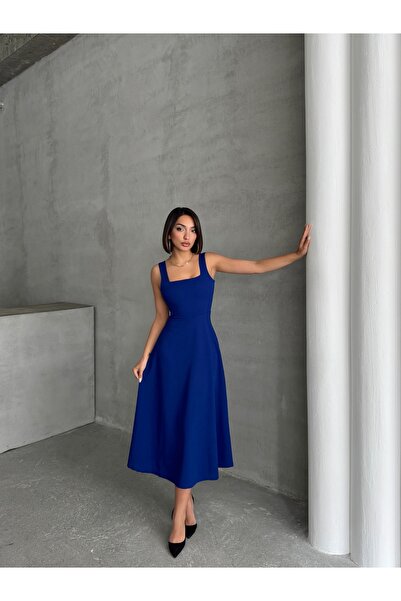 BEJNA Rochie de damă albastră cu guler pătrat cu bretele groase