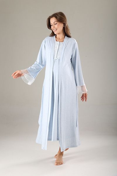 Lohussa Blue Melange Lace Special Design Full Length 100% Cotton Summer Maternity Maternity Dressing Gown Nightgown Set