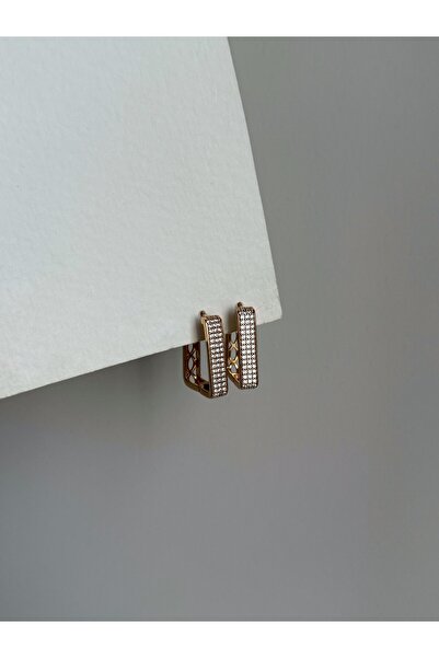 Owentis Çelik Rose Gold Gömme Sıra Taşlı Kare Form Haines Küpe -kararma yapmaz-