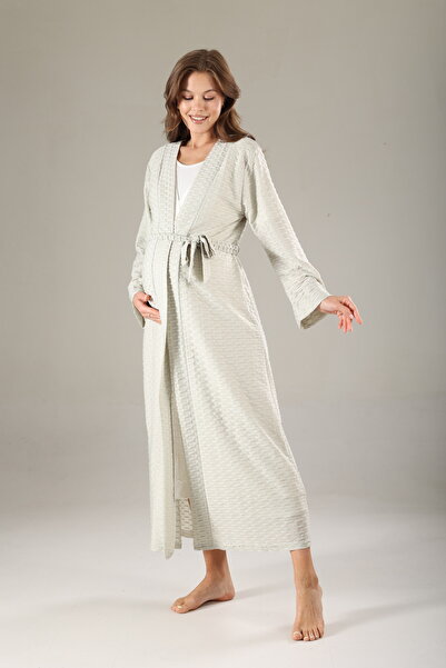 Lohussa Su Yesili Jakarlı Dokulu Ozel Tasarım Tam Boy %100 Pamuk Yazlık Hamile Lohusa Sabahlık Gecelik Set