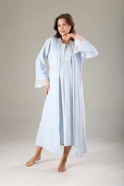 Lohussa Blue Melange Lace Special Design Full Length 100% Cotton Summer Maternity Maternity Dressing Gown Nightgown Set