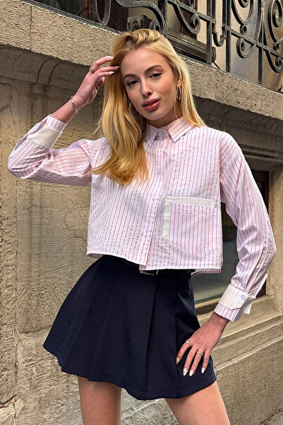 bacc Kadın Pembe Çizgili Manşet Ve Cepleri Garnili Çizgili Oversize Crop Doku...