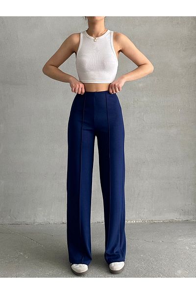 BEJNA Women's Navy Blue High Waist Ribbed Modal Pants