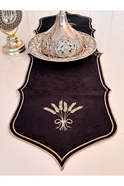 Mustgross Gold Başak Siyah Kadife Nakışlı Runner 32*130 Cm 1 Adet