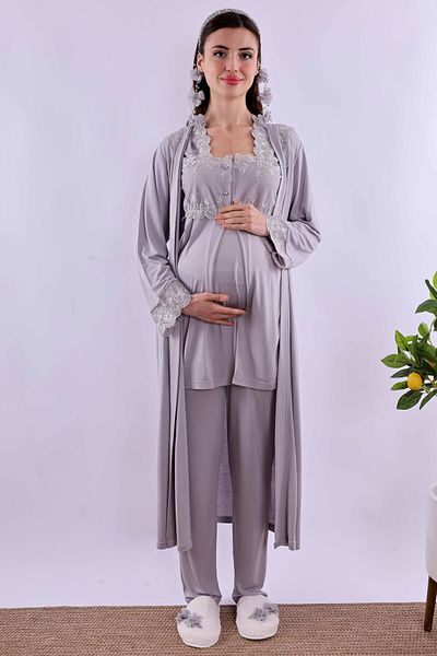 ByLohusa Effortt Gray Long Dressing Gown Maternity Maternity Pajama Set Byl 224072