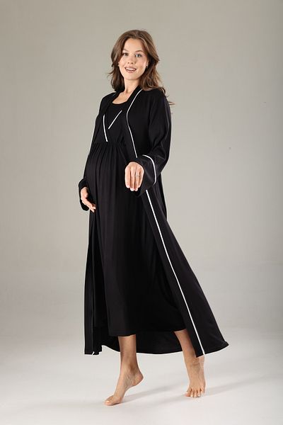 Lohussa Women's Black Piping Design Full Length 100% Cotton Summer Maternity Maternity Dressing Gown Nightgown Set