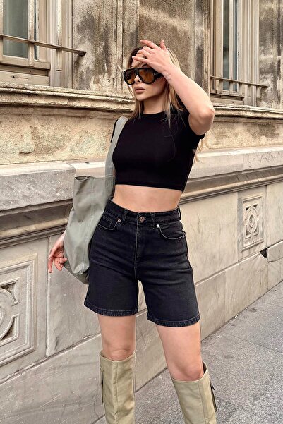 Swist Siyah Yüksek Bel Kadın Fit Denim Şort