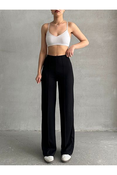 BEJNA Women's Black High Waist Ribbed Modal Pants