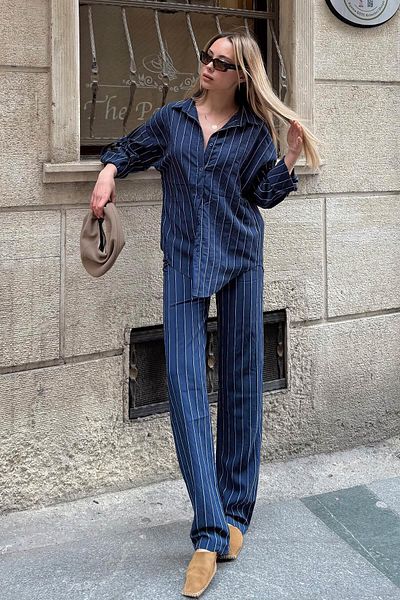 Swist Set de pantaloni și cămăși cu dungi Blue Zeya pentru femei Modal