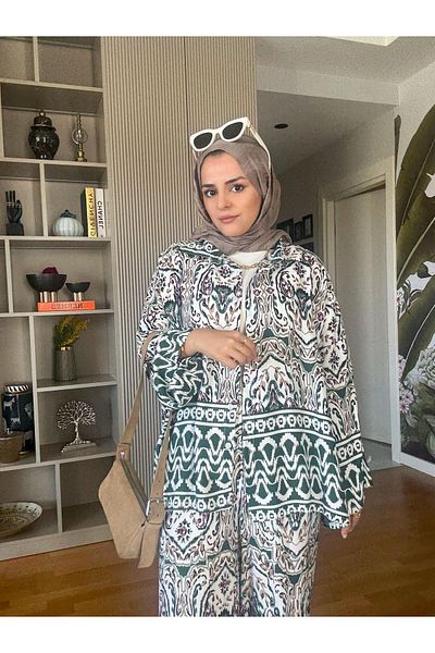 Aselim Hijap Moda Cotton Viscose Ethnic Patterned Kimona Shirt Set Green