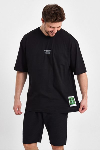 THE RULE Ανδρικό σημείωμα στο Myself με στάμπα Oversize 100% βαμβακερό φαρδύ φαρδύ κομμένο λαιμόκοψη φαρδύ μαύρο μπλουζάκι