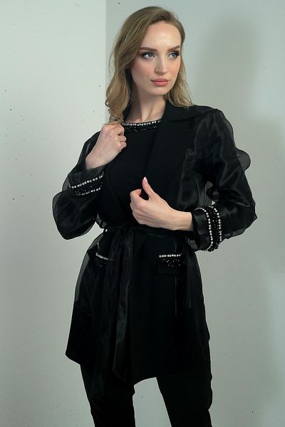 By Saygı Women's Organza Stone Bead Detailed Belted Jacket Blouse Set of 2
