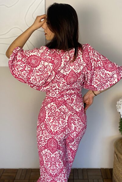 Ded COLLECTION Women's Pink and White Patterned Short Sleeve Top with Lacing Detail Wide Leg Pants Set of Two