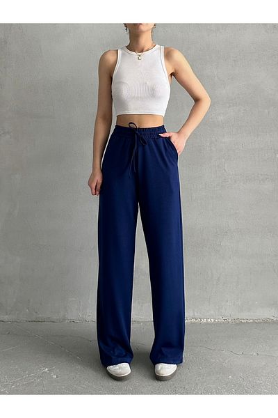 BEJNA Marineblaue Modal-Jogginghose mit weitem Bein für Damen