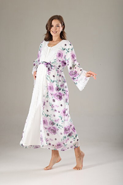 Lohussa Mor Cıcekli Dantelli Ozel Tasarım Tam Boy %100 Pamuk Yazlık Hamile Lo...