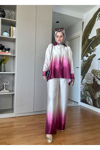 Aselim Hijap Moda Satin Shirt Color Transition Double Suit Pink