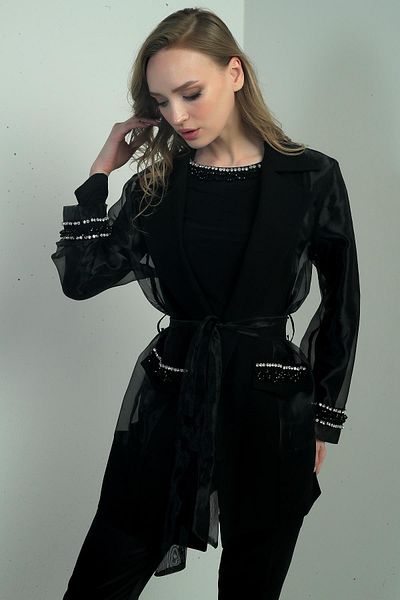 By Saygı Women's Organza Stone Bead Detailed Belted Jacket Blouse Set of 2