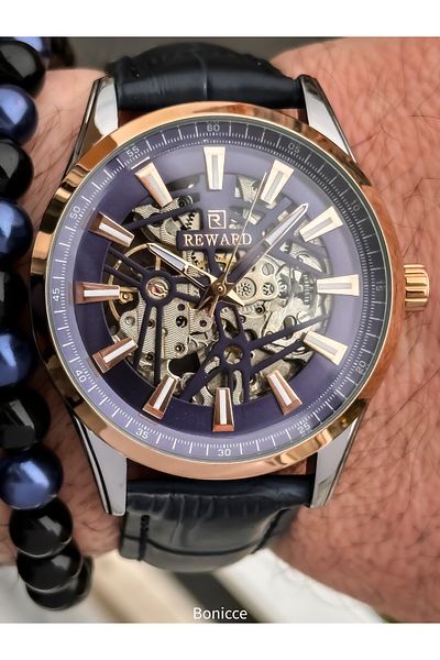 Reward Navy Leather Cord, Auto (Without Battery), 5 Atm, Men's Wristwatch Bracelet in Stylish Box Gift