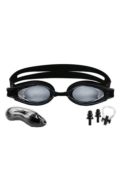 zola Set of swimming goggles, Zola®, ear plugs and nose clip, incl. holster, black, UV filter