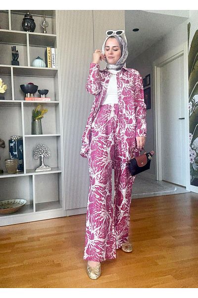 Aselim Hijap Moda Σετ πουκάμισο με μοτίβο από βαμβακερό λινό ροζ