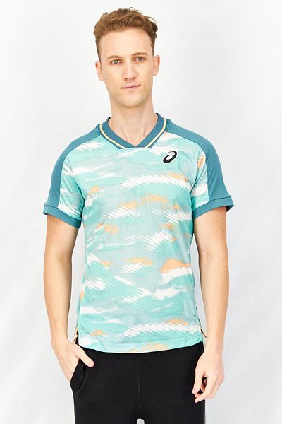Asics Men Slim Fit V-neck Short Sleeve Jersey Shirt, Green Combo