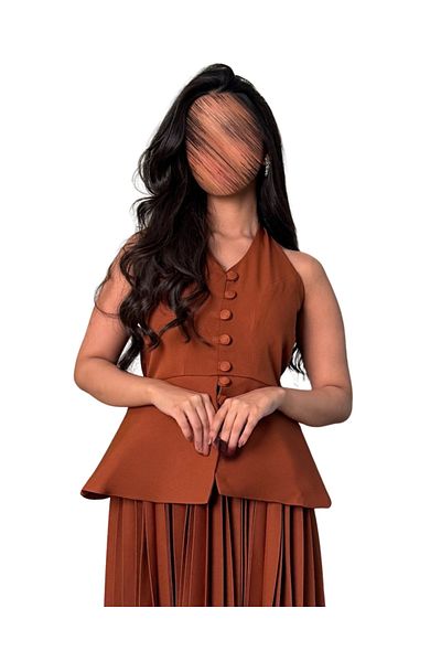 barlina Light brown pleated sleeveless blazer dress