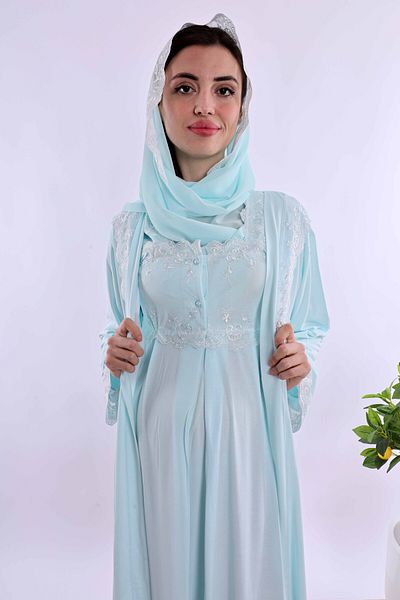 ByLohusa طقم ثوب نوم للحوامل من Effortt باللون الفيروزي مع حجاب وثوب صباحي Byl2t24022