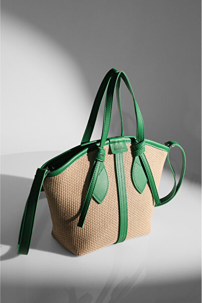 Rimense Women's Green Straw Lined Zippered Hand and Shoulder Bag
